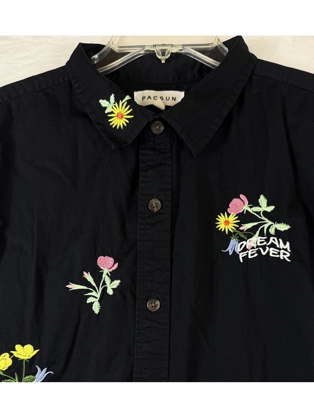 Pacsun Shirt Large Mens Embroidered Flowers Black Short Sleeve Button Up
